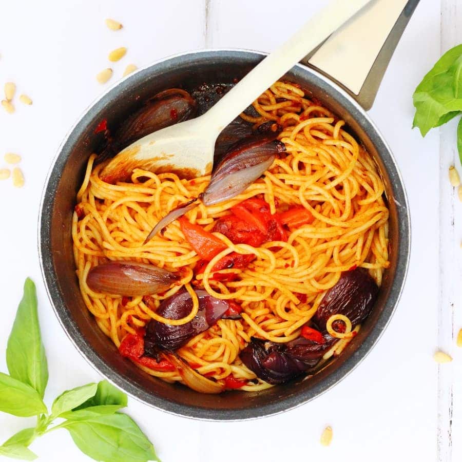 Harissa pasta with roasted vegetables