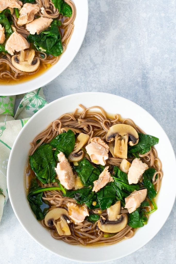 salmon miso soup with soba noodles