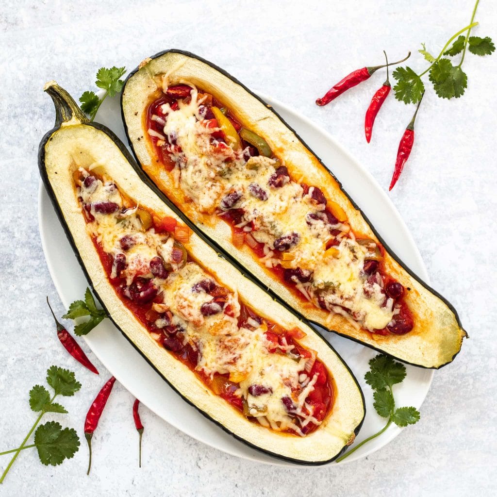 Veggie chilli stuffed marrow