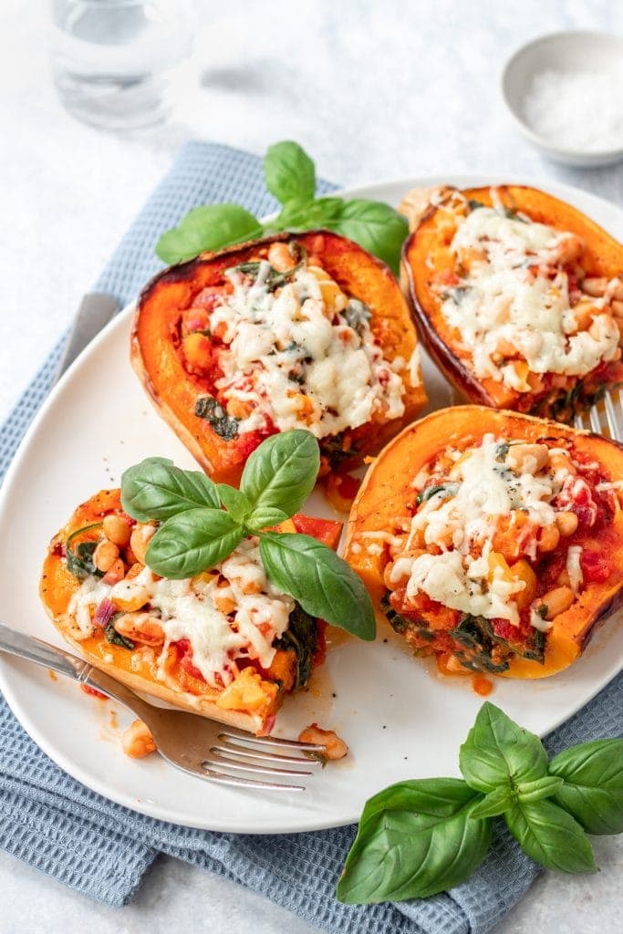 stuffed butternut squash cut in half