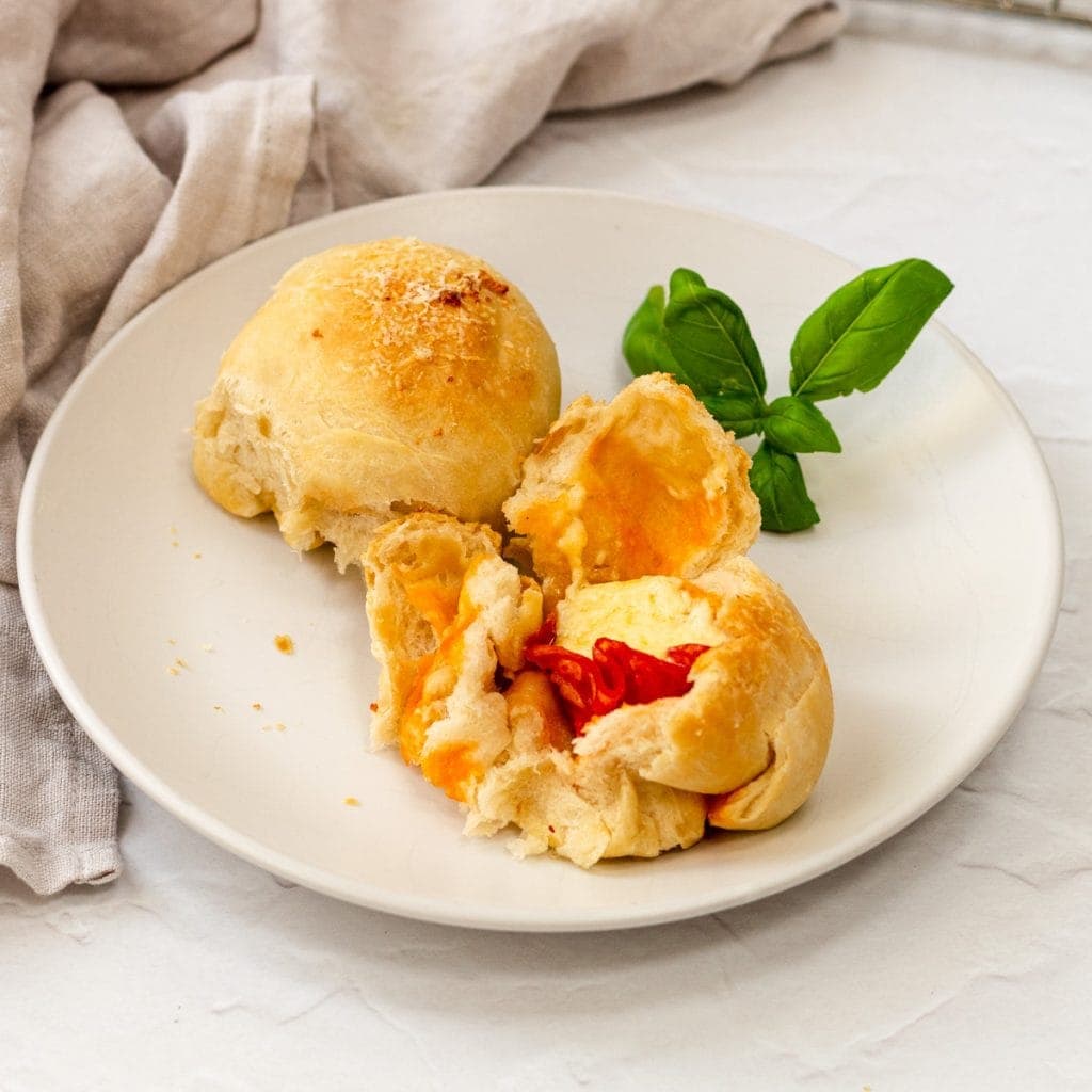 Pull apart piza bread roll with cheese and chorizo