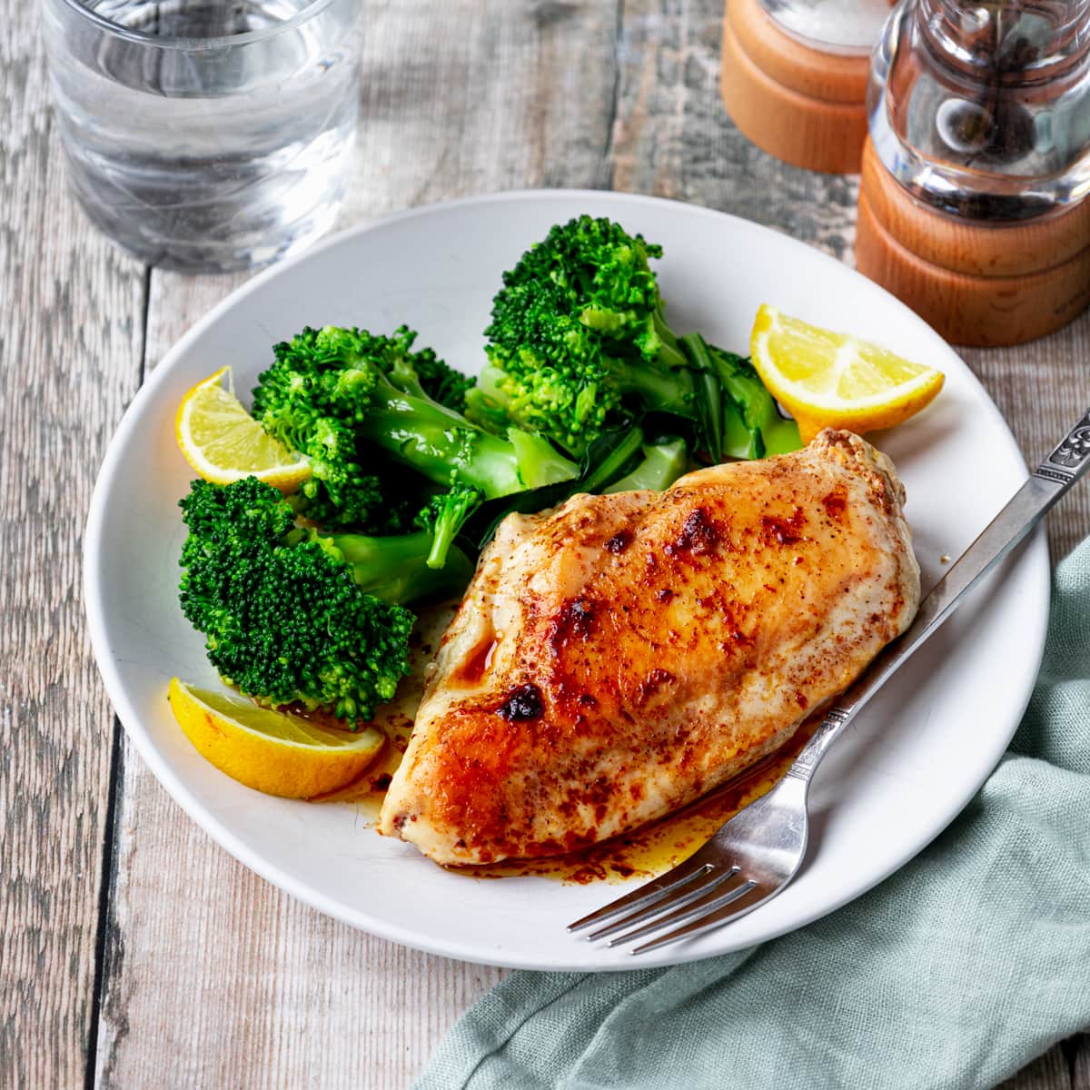 Chicken stuffed with ras el hanout butter on a plate with broccoli