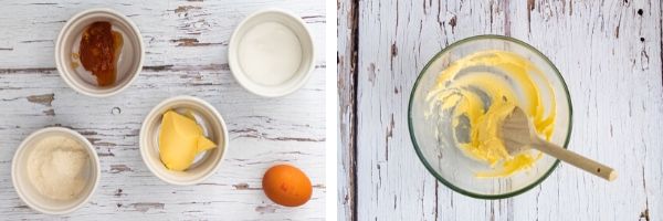 Ingredients and creamed butter and sugar for marmalade sponge pudding in the microwave