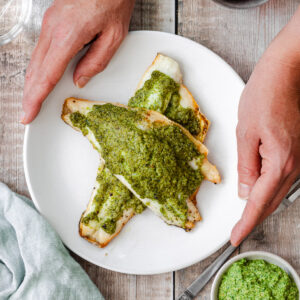 sea bass coated in coriander cashew nut pesto