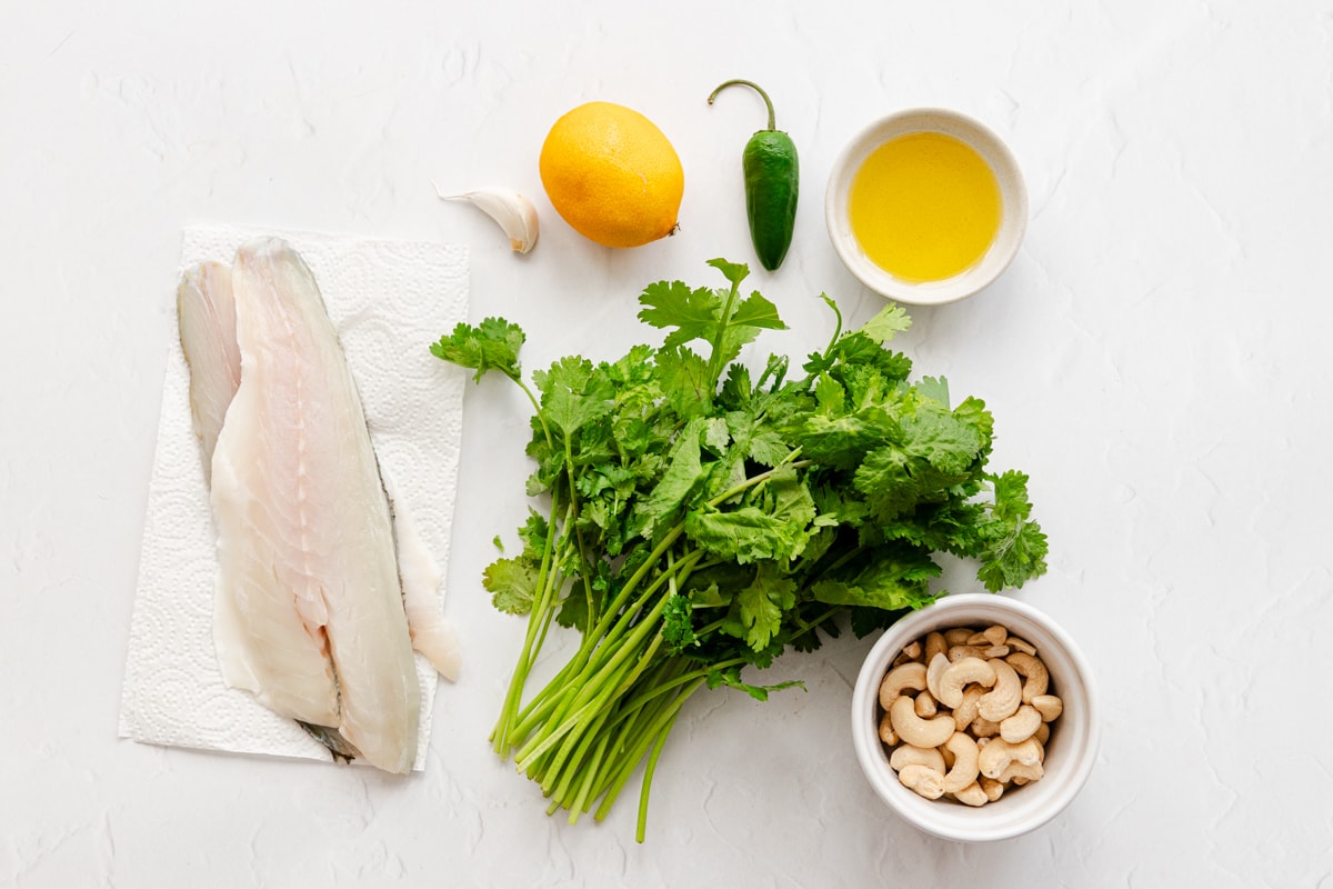 Ingredients for cashew and coriander  pesto with sea bass