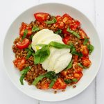 Spelt and lentil caprese salad. Tomatoes, basil and mozzarella with lentils and spelt