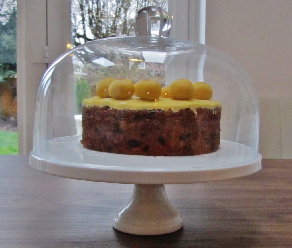 Simnel cake on a cake stand