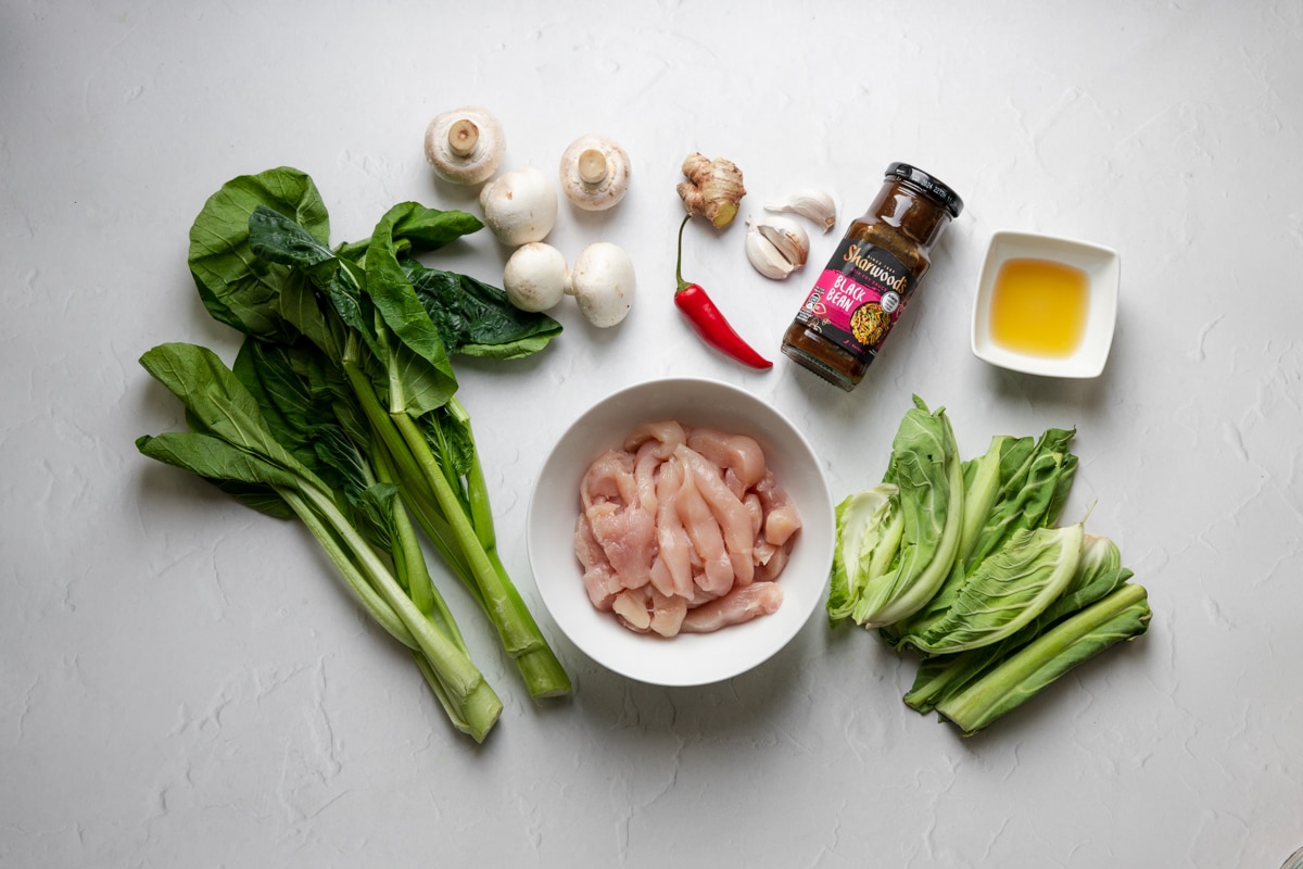 Ingredients for cauliflower leaf chicken stir fry