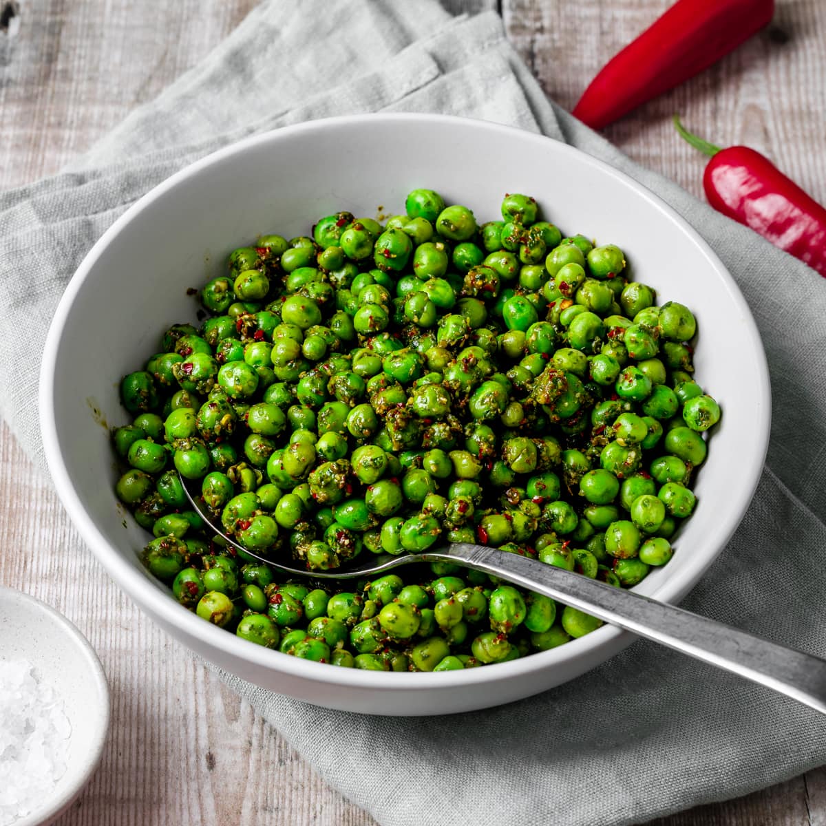 Bowl of chimichurri peas