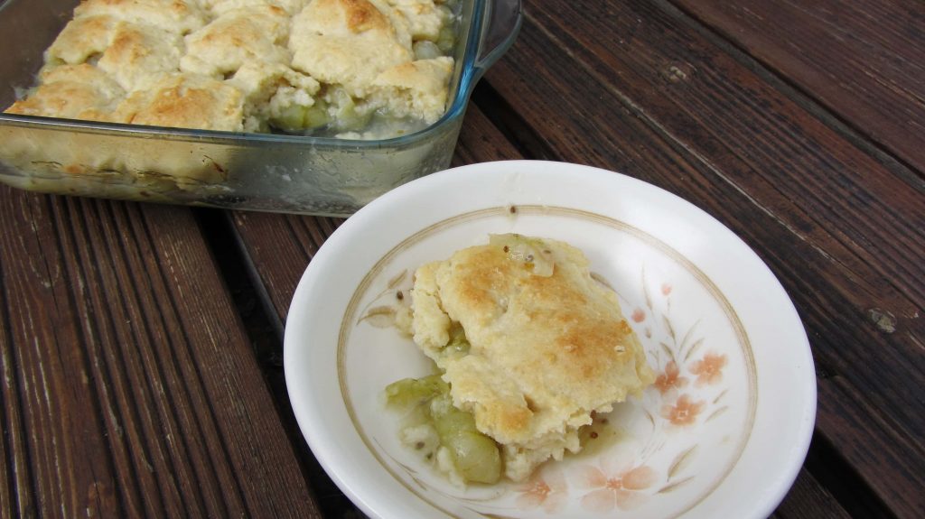 Gooseberry Cobbler in a bowl with dish in the background