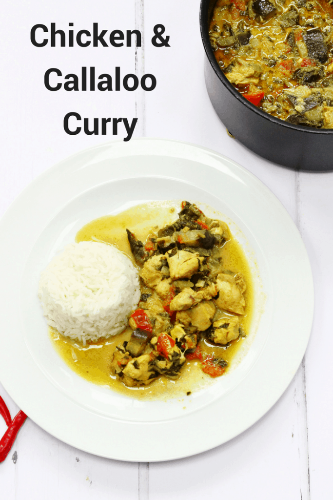 plate of chicken and callaloo curry pin image