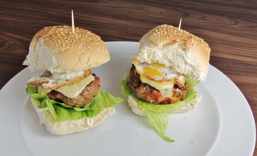 Beef and Chorizo Burgers with a quail's egg