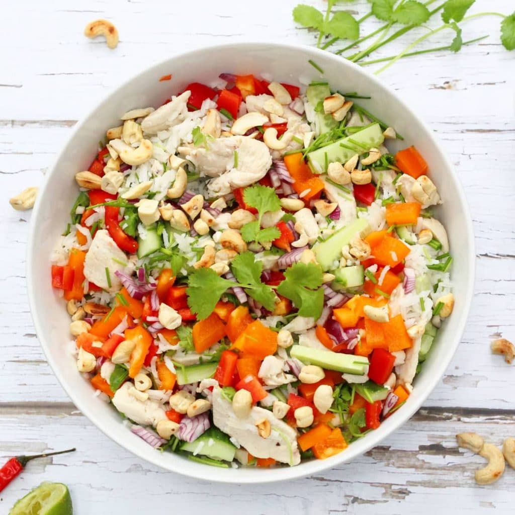 Bowl of vietnamese chicken and rice salad