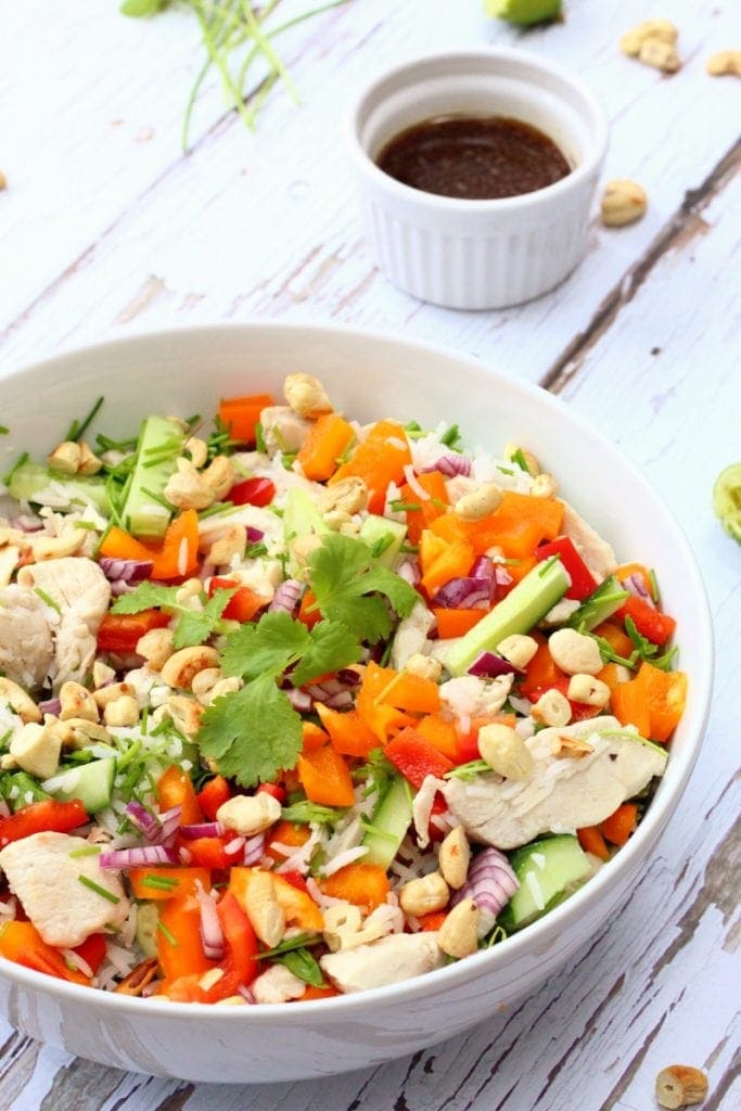 Vietnamese chicken and rice salad with cashew nuts and a soy lime dressing