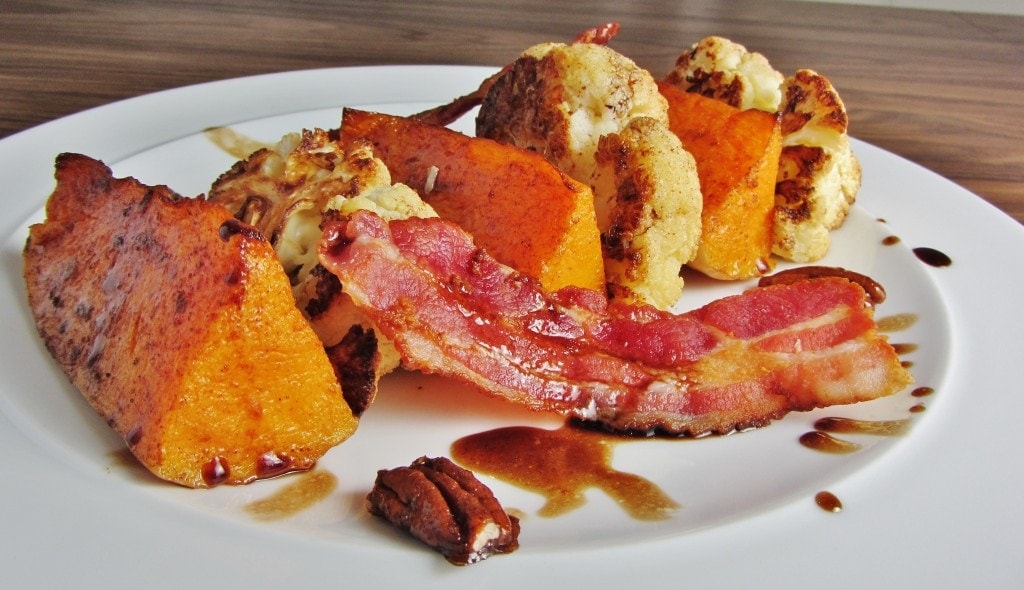 Roast cauliflower and butternut squash salad with bacon and candied pecans