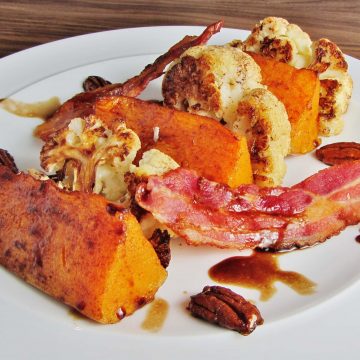 plate of cauliflower, butternut squash and bacon salad