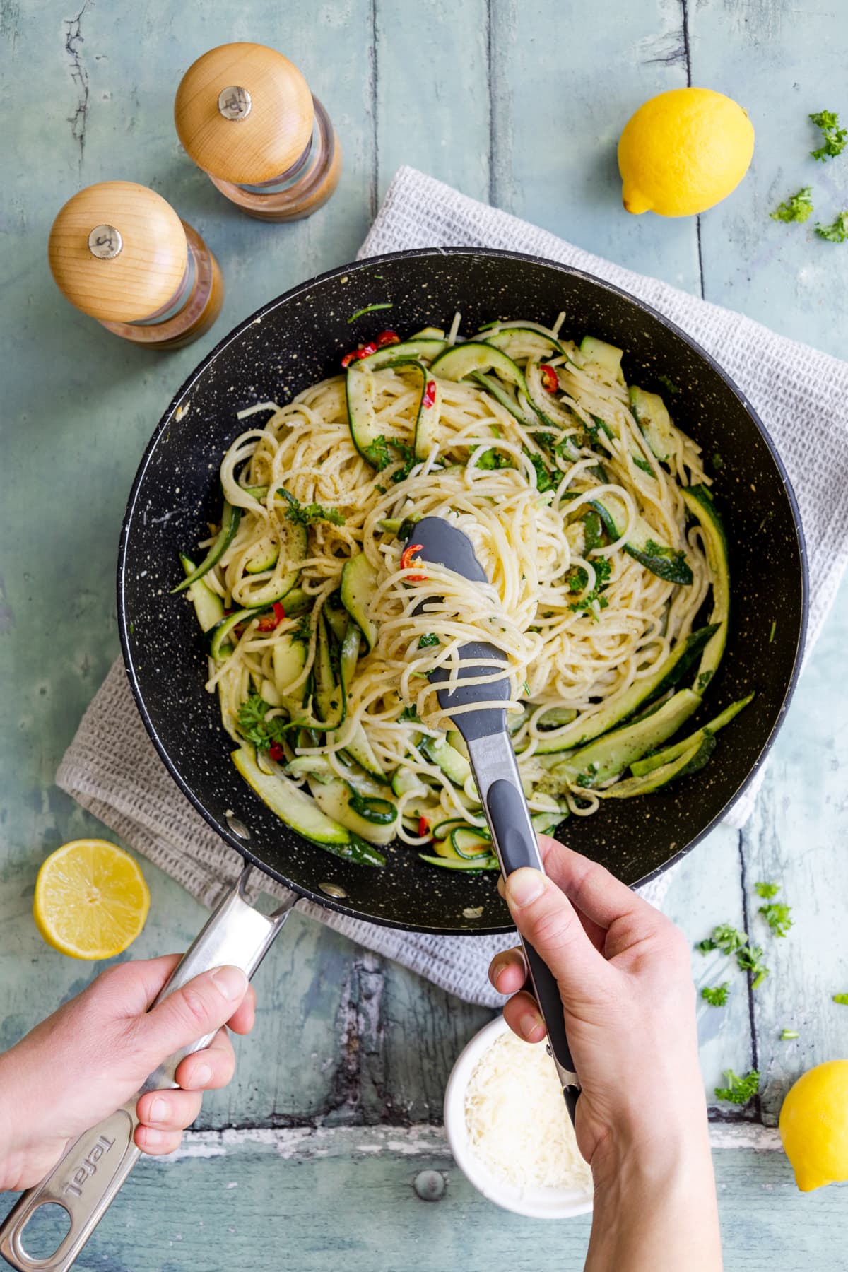 Pan of creamy lemon and courgette spaghetti