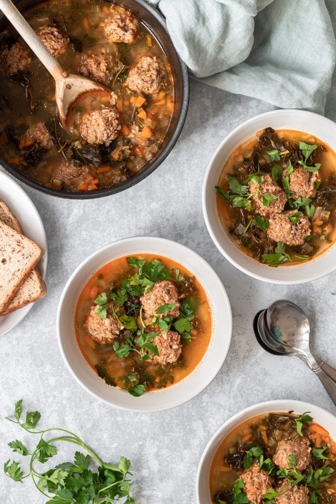 flat lay of sour turkey meatballs soup