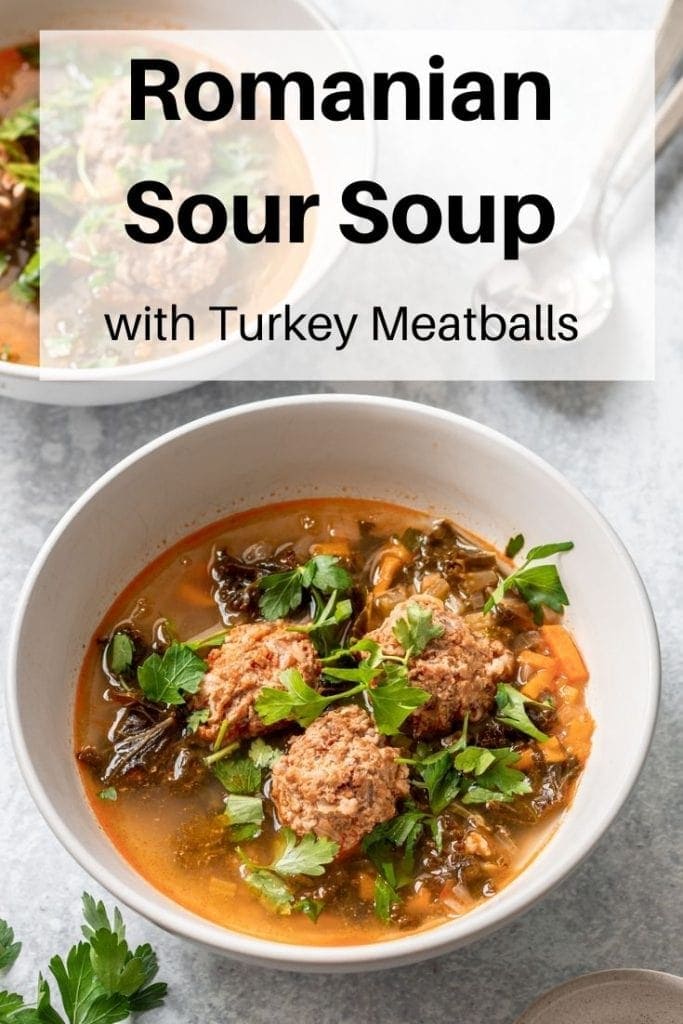 Romanian sour soup with turkey meatballs pin image