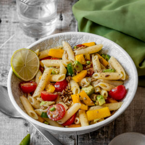 Bowl of quick pasta salad