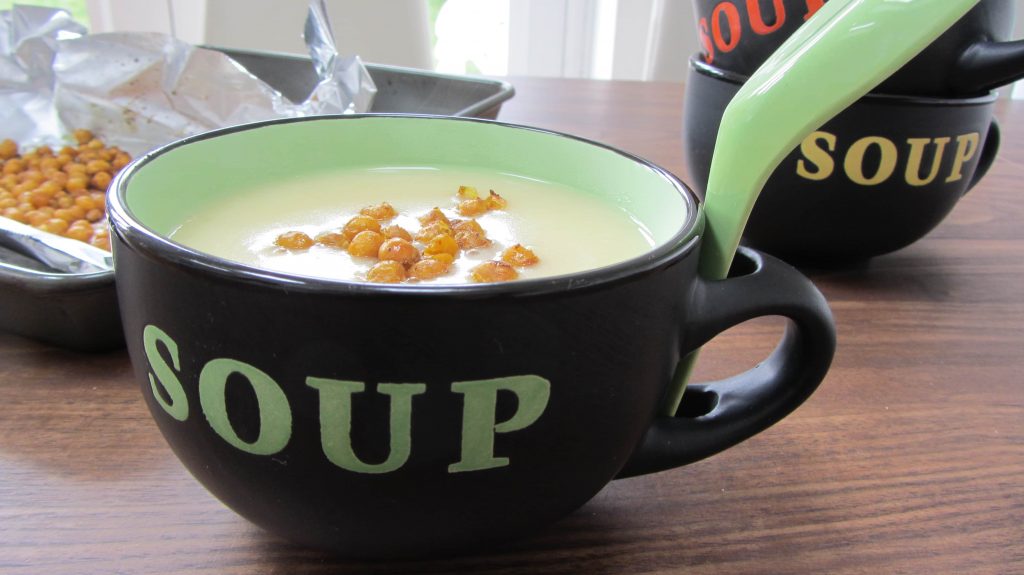 Roasted Garlic and Potato Soup with Curried Chickpea Croutons