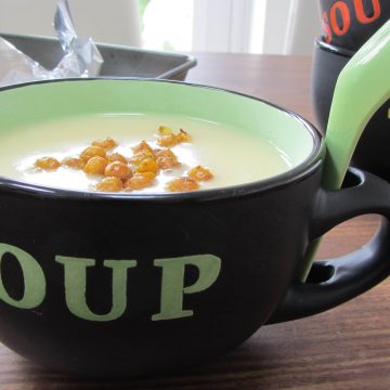 Roasted Garlic and Potato Soup with Curried Chickpea Croutons