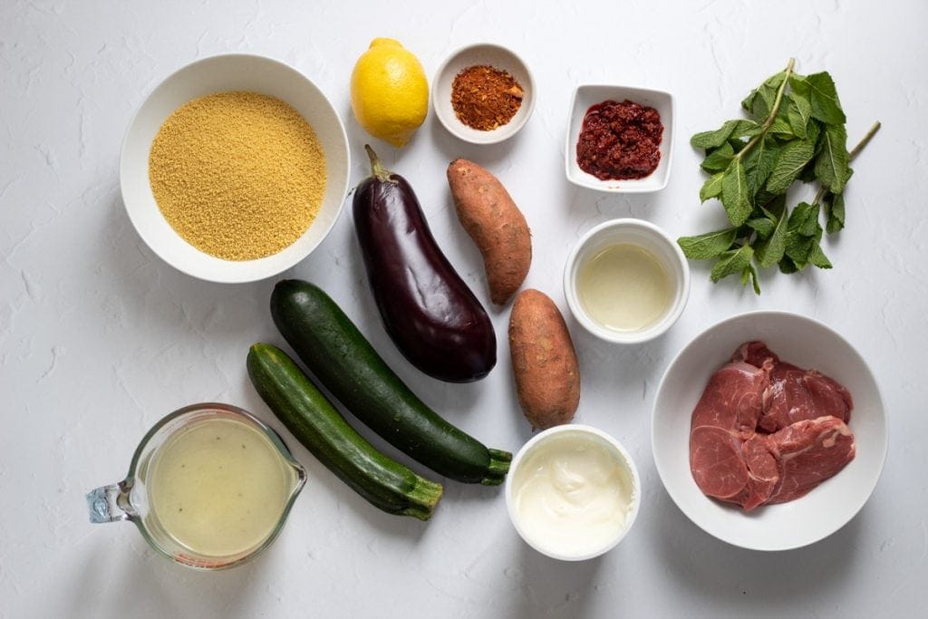 Ingredients for harissa marinated lamb salad