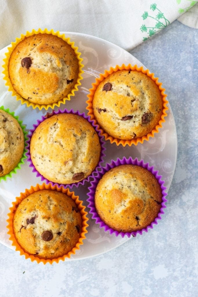 Plate of chocolate chia muffins from above