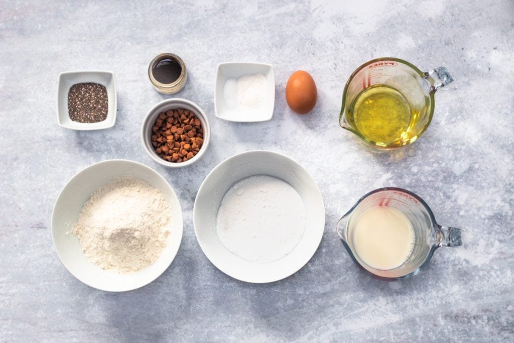 Ingredients for chocolate chip chia seed muffins