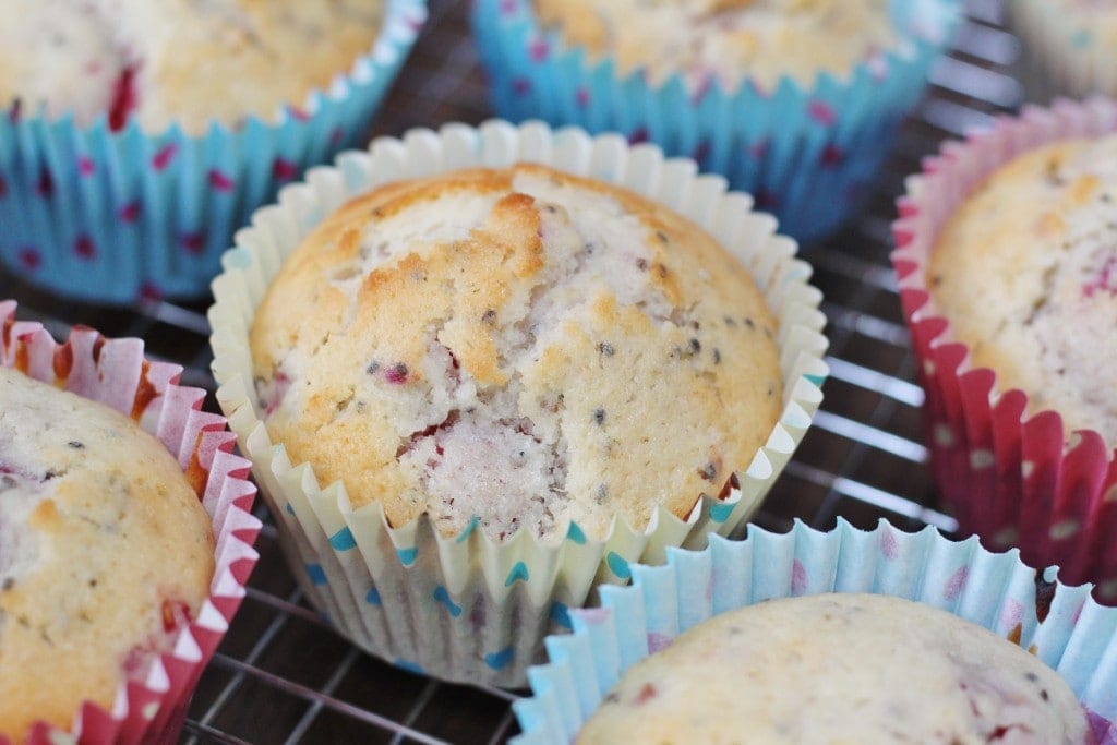 Lemon Raspberry and Chia Seed Muffins on a cooling rack