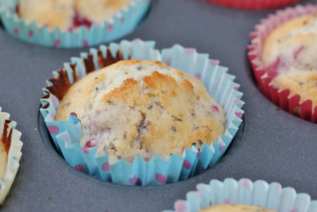 Lemon Raspberry and Chia Seed Muffins in the muffin tin