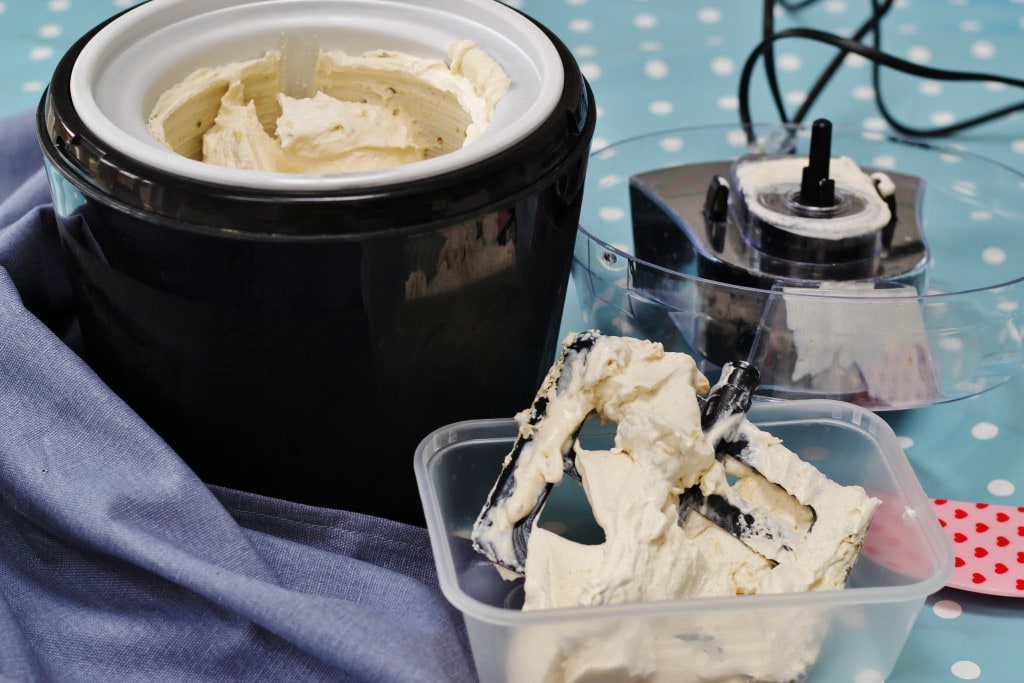 Gooseberry ice cream freshly churned in ice cream maker