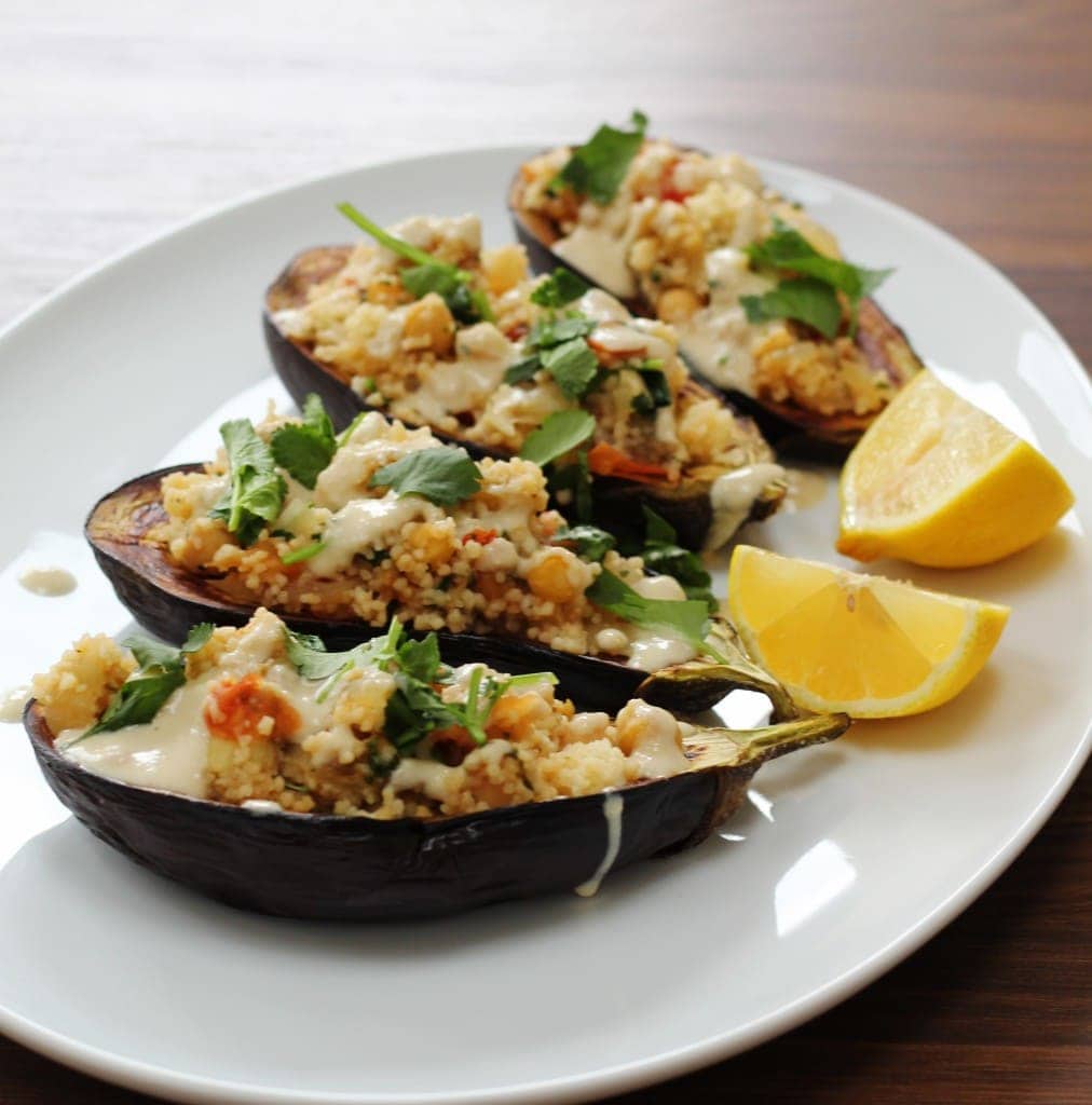 couscous stuffed aubergine with tahini sauce