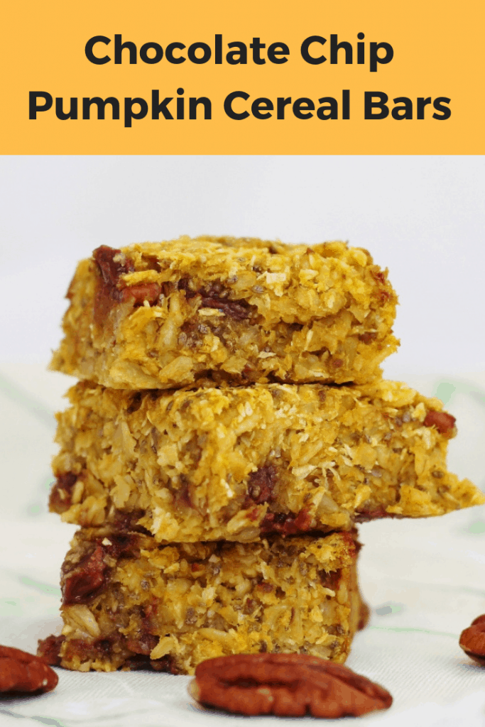 Chocolate chip pumpkin cereal bars pin image