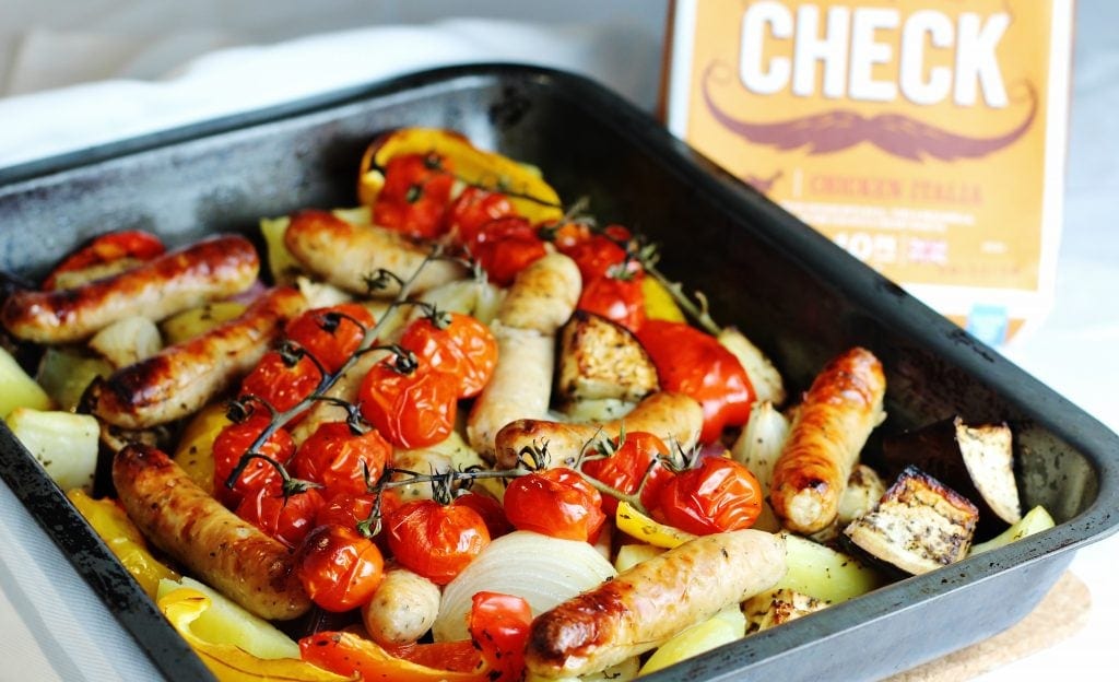 Heck Chicken Italia Sausage Traybake in the roasting tin