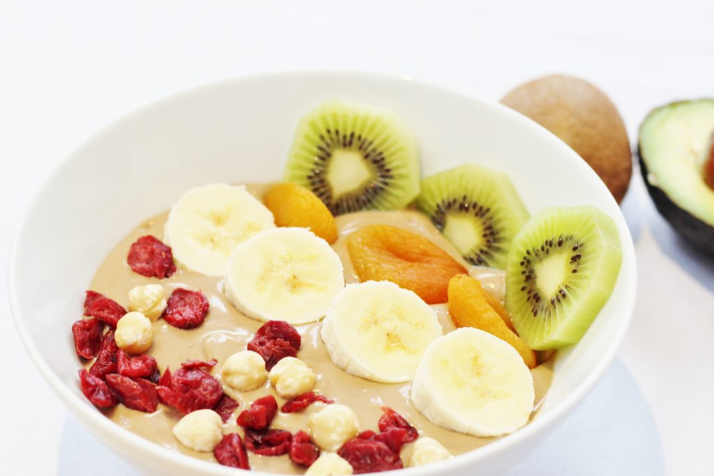 Nutella smoothie bowl topped with fruit