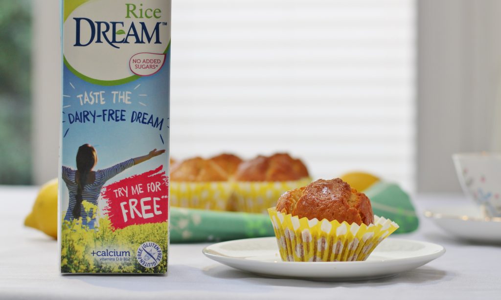 Carton of Rice Dream with lemon muffins in background