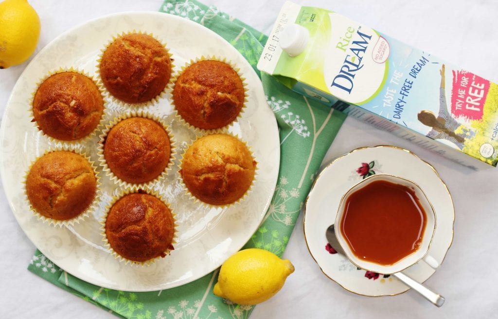 Dairy Free Lemon Muffins from above with cup of tea