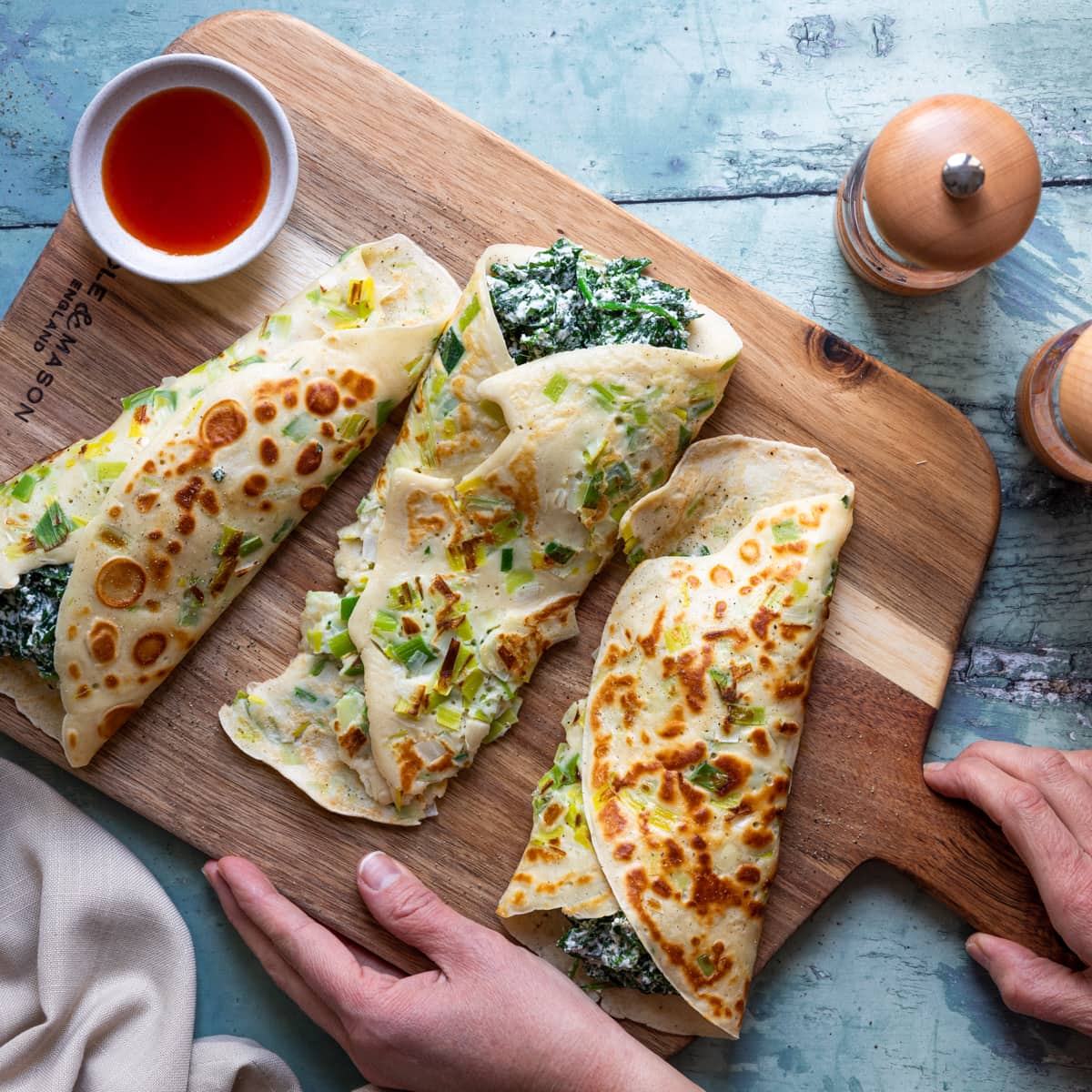 Leek pancakes with spinach kale and ricotta