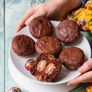 Banana chocolate muffins with a hidden creme egg