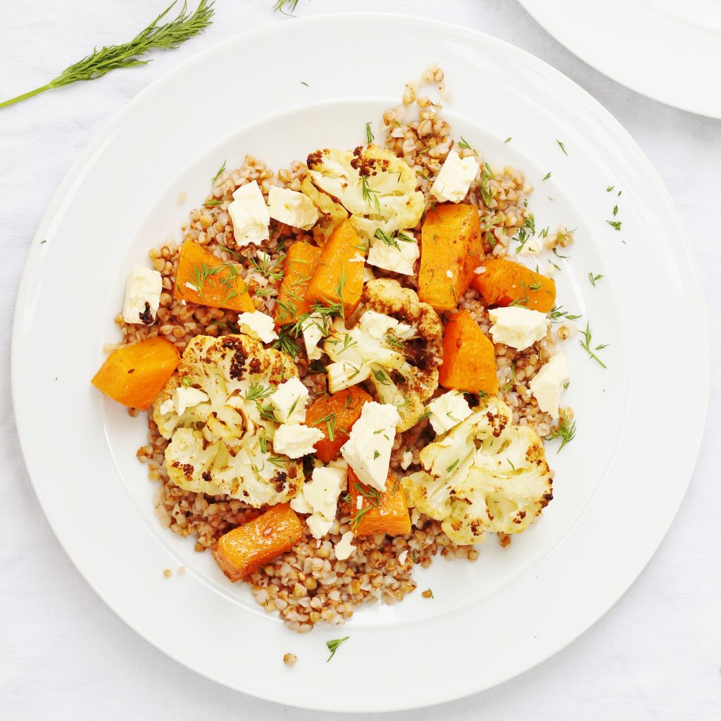 spiced buckwheat Salad with Roasted cauliflower and butternut squash