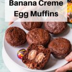 Chocolate banana creme egg muffins pin image