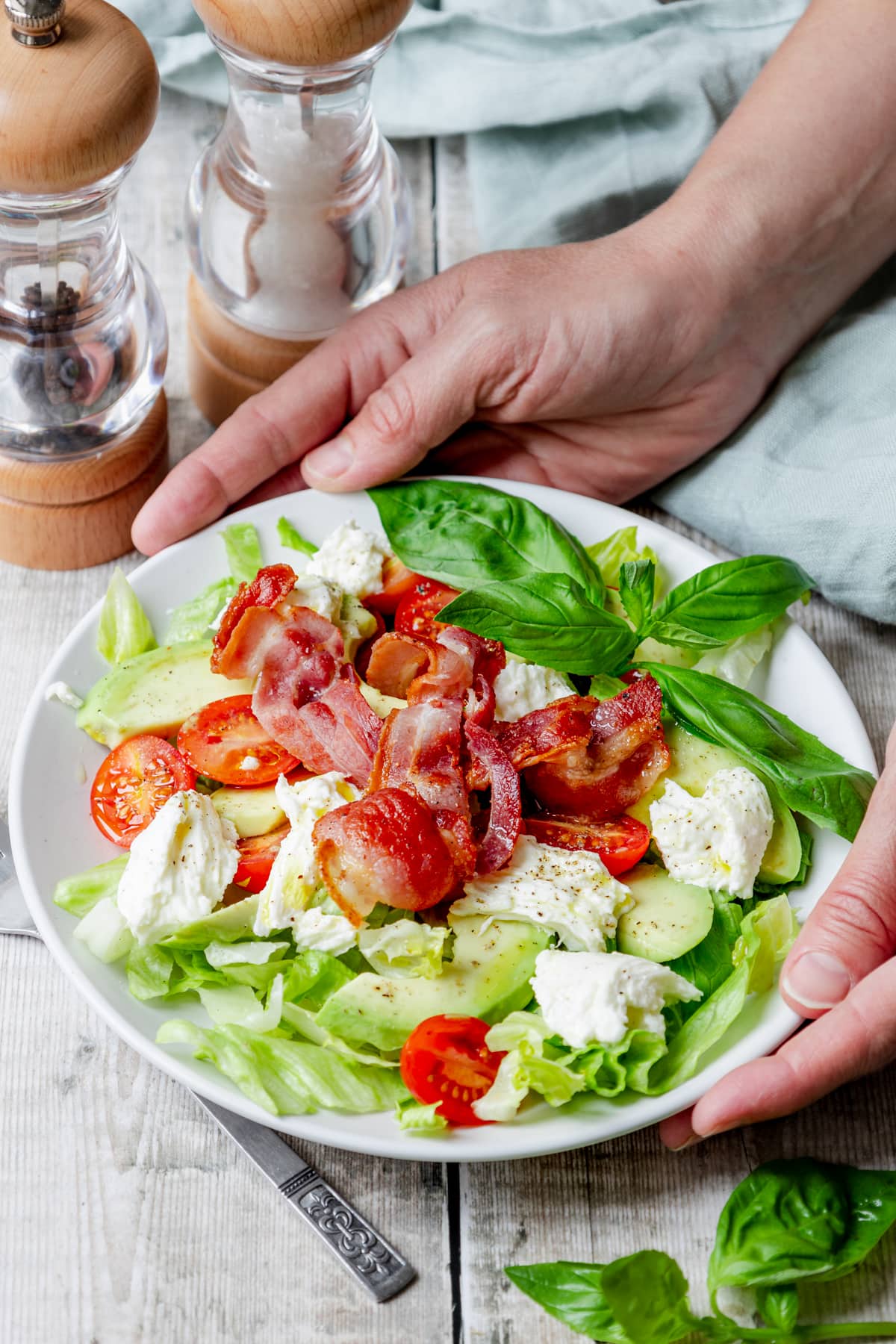 Bacon lettuce and tomato salad with mozzarella and avocado