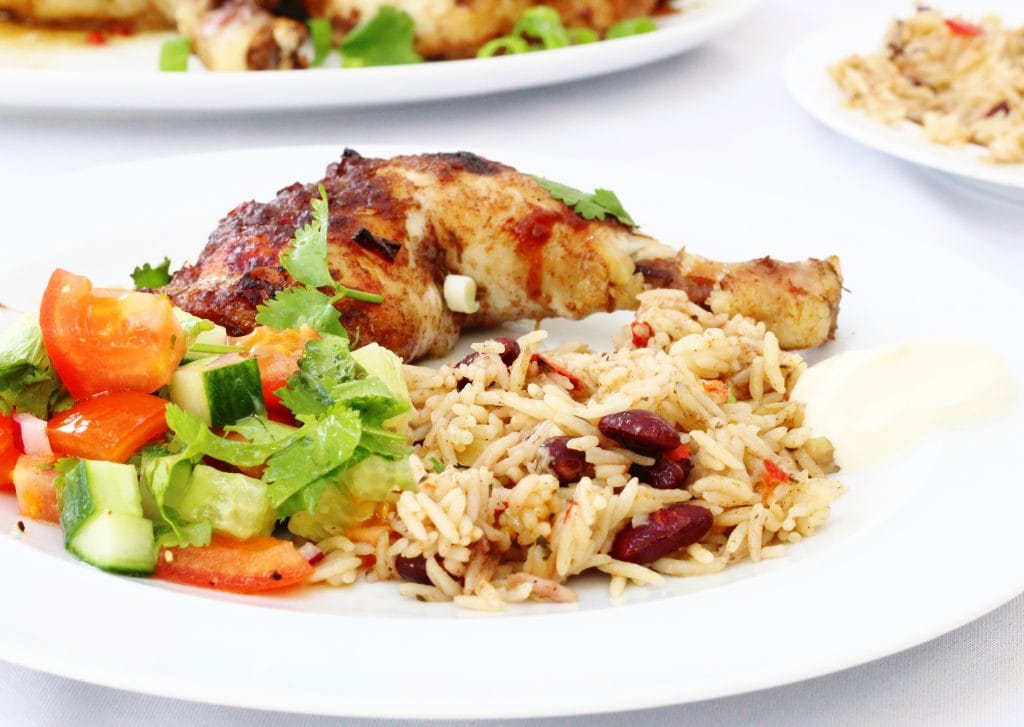 Easy jerk chicken with rice and peas and salad