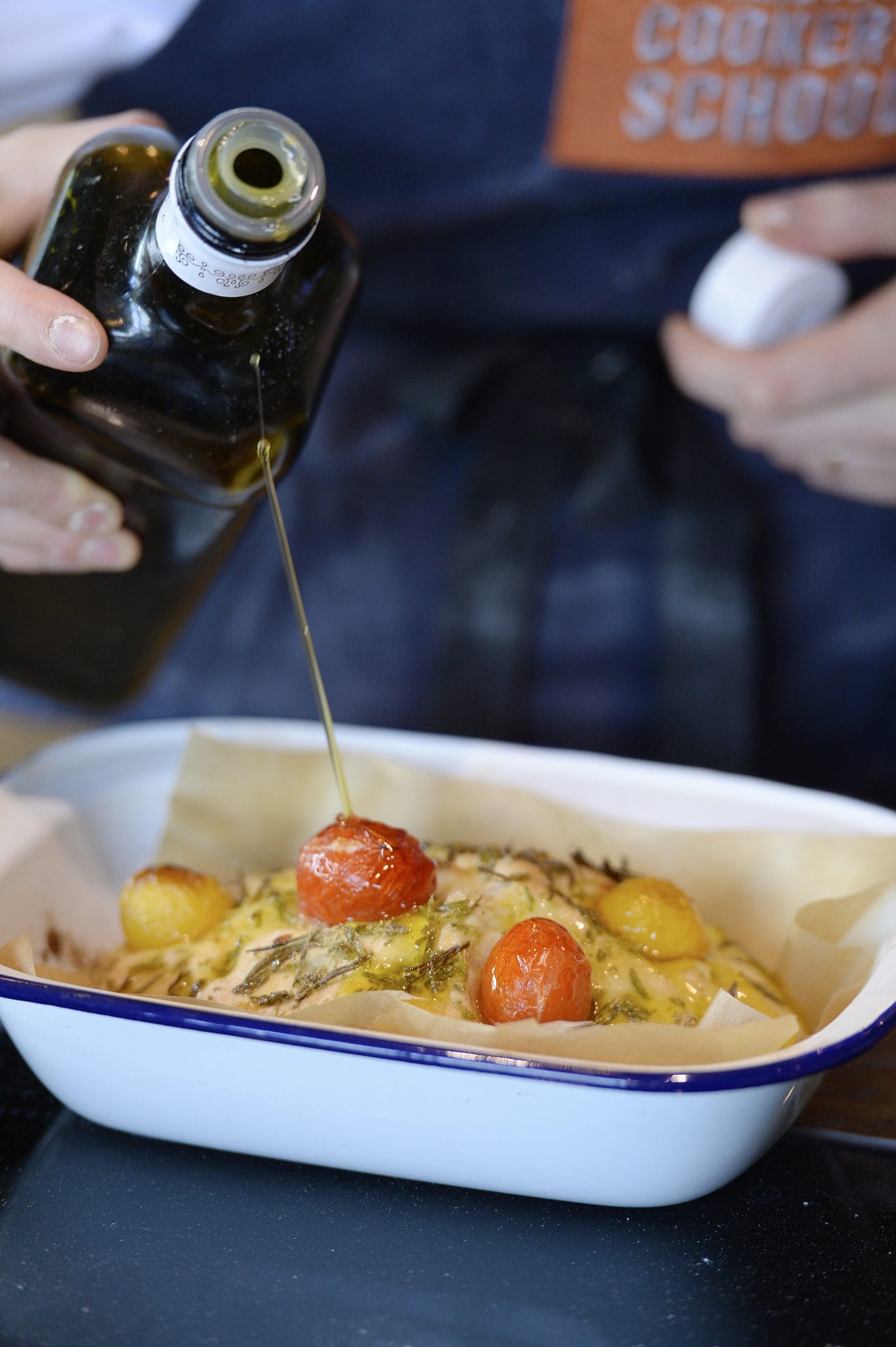 Homemade foccacia with cherry tomatoes in at the Jamie Oliver Cookery School