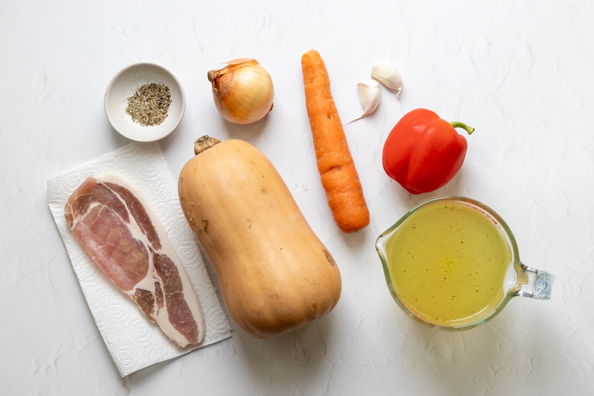 Ingredients for butternut squash and bacon soup