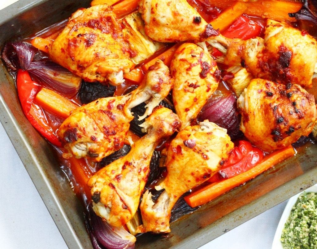 Harissa chicken traybake. An easy one pot meal that's perfect for midweek