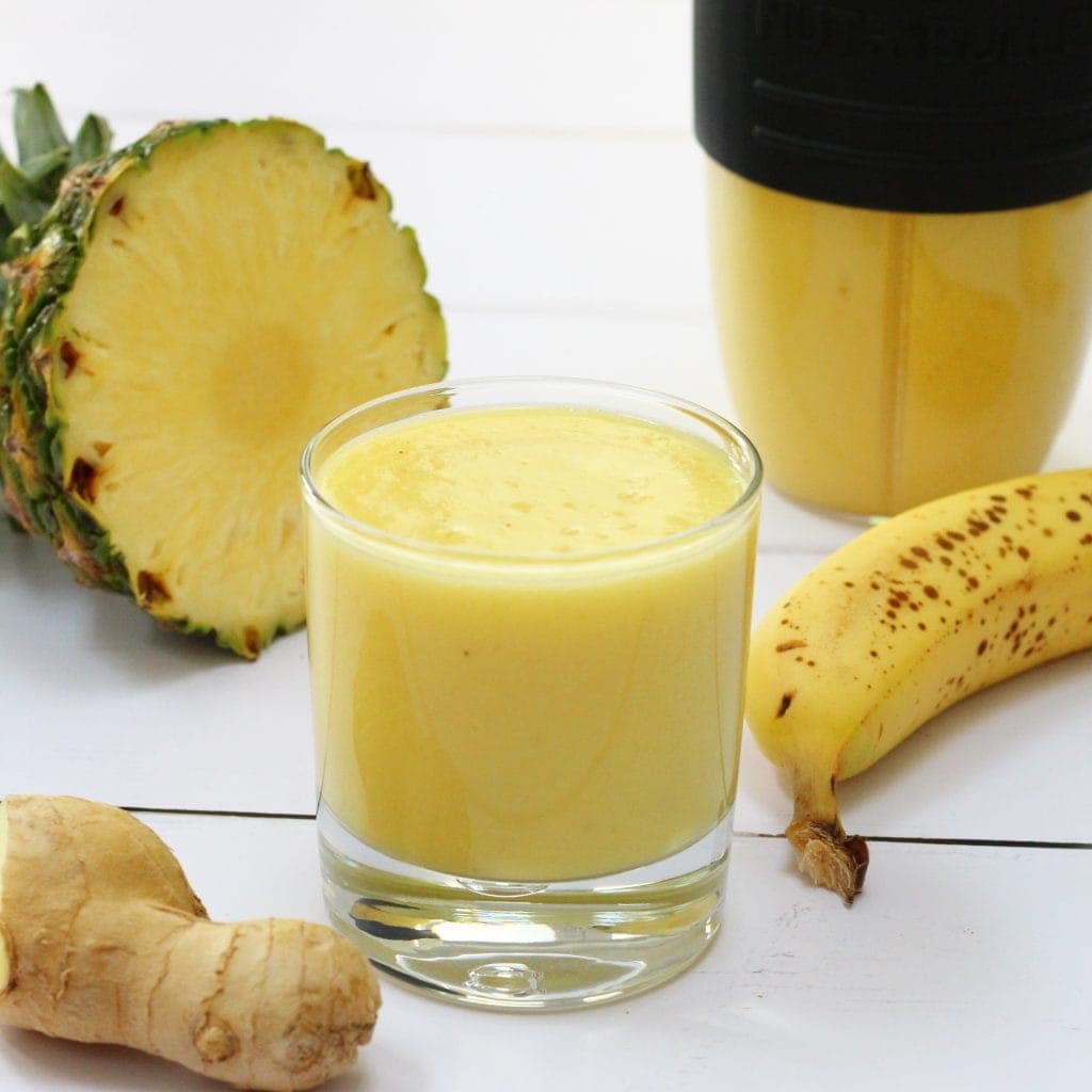 Tropical ginger smoothie made with pineapple, banana, mango and ginger