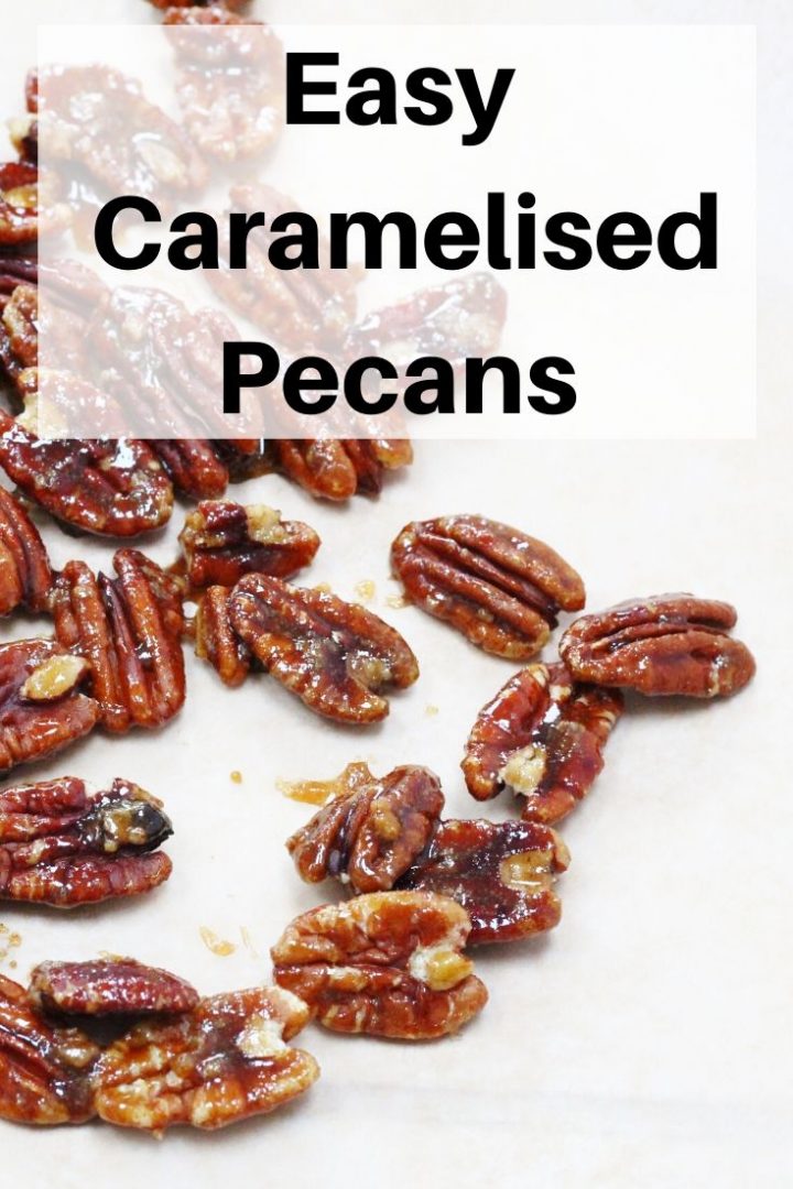 Easy caramelised pecans pin image