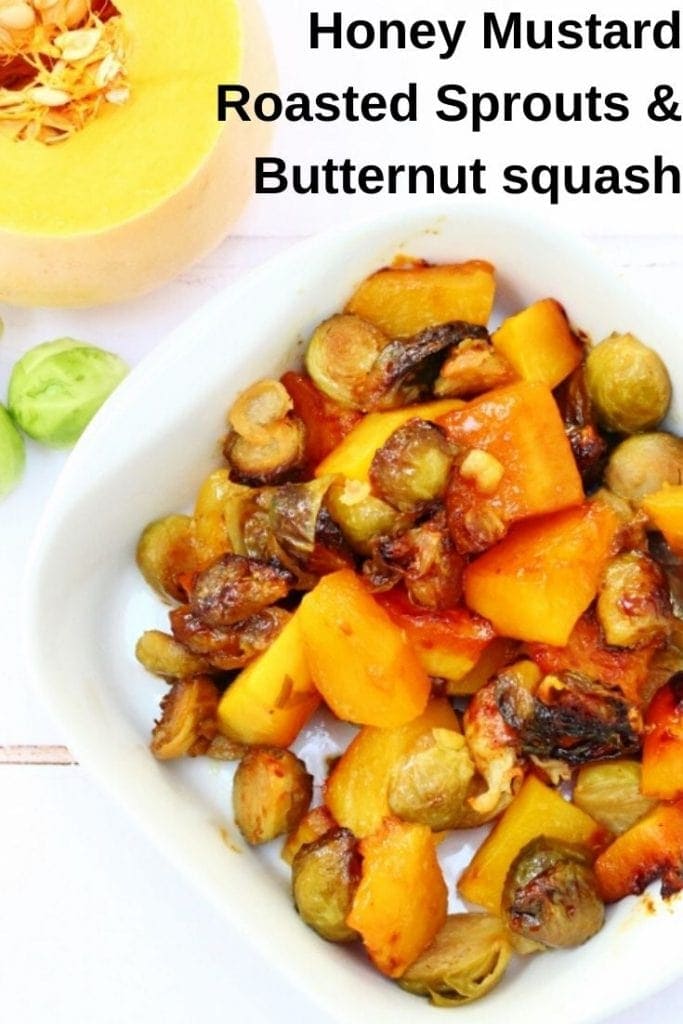 brussels sprouts and butternut squash in a white bowl